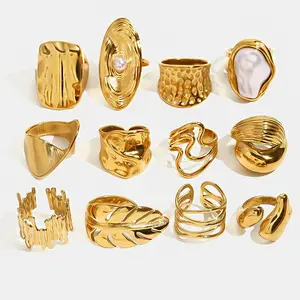 Chunky Gold Statement Ring Set for Women, 18K Gold Plated Adjustable Open Ring, French Ins Trendy Thick Band Tarnish Resistant Fashion Jewelry