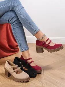 Women's Mary Jane Dress Shoes Double Strap Closed Round Toe Block High Heel Pumps
