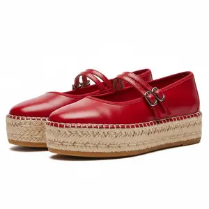 Womens Platform Heel Round Toe Slip On Comfy Doble Strap Design Jute Wrapped Sole Walking Dating Casual Mary Jane Flats Sandals