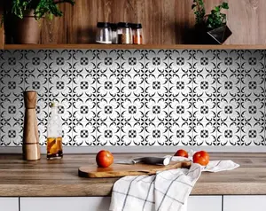 HomeRoots Delia Removable Wall Tiles, Black & White Vinyl, 5x5 in Peel & Stick, Model 399891