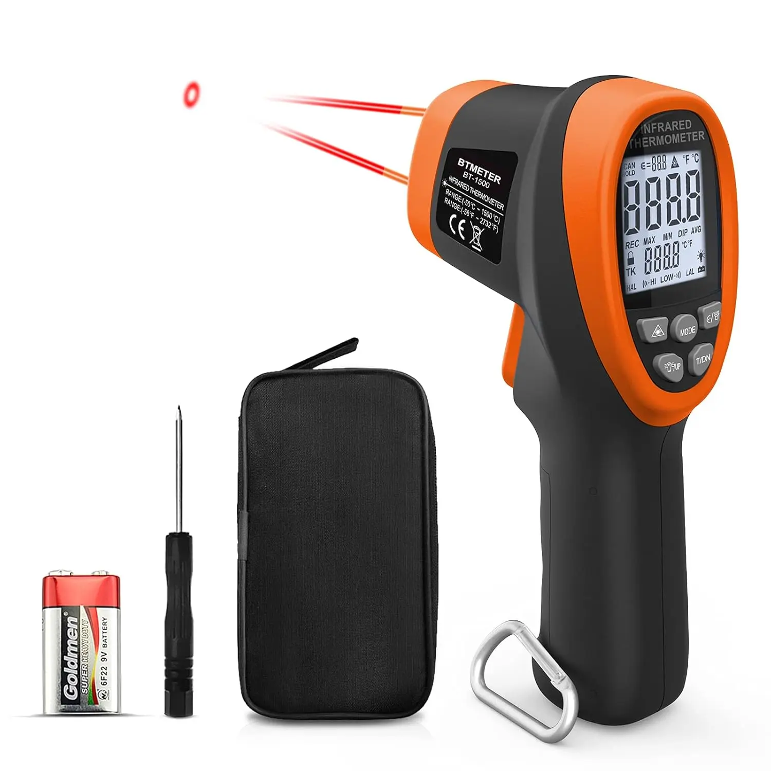BT-1500 Pyrometer 30:1 Industrial Laser Thermometer Gun, -58℉ to 2732℉ Non Contact High Temp Infrared Thermometer Digital IR Temperature Gauge Orange(NOT for Human Temp Test)