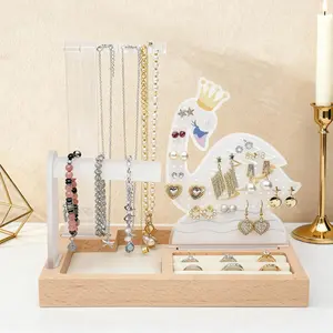 White Swan Acrylic Jewelry Organizer Stand with Wood Base, Earring Necklace Bracelet Holder and Ring Tray