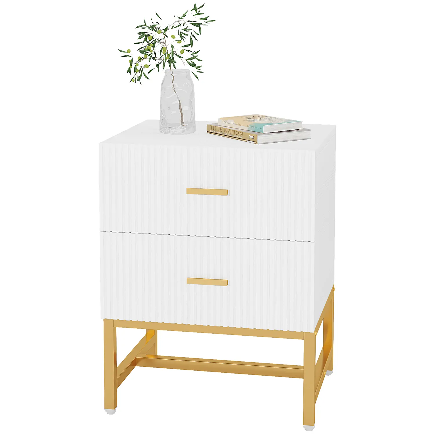 Mid-Century Striped 2-Drawer Bedroom Dresser - Gold Metal Legs Flat-Top Sleek Metal-Tone Modern Accent Table, Versatile Bedside Nightstand for Bedroom & Living Room, White Indoor Furniture, Modern Accent Tables, Flat-Top Bedside Tables
