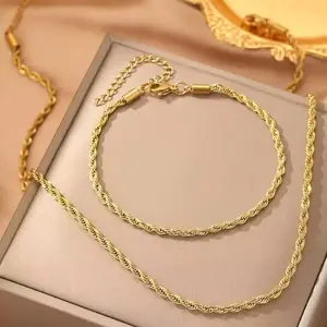 Classic 18K Gold Plated Rope Chain Necklace & Bracelet Set for Men Women, 5mm Thick Twisted Link Jewelry, Unisex Hip Hop Jewelry Set, Tarnish Resistant, 22" Necklace & 8" Bracelet, Father's Day Gift