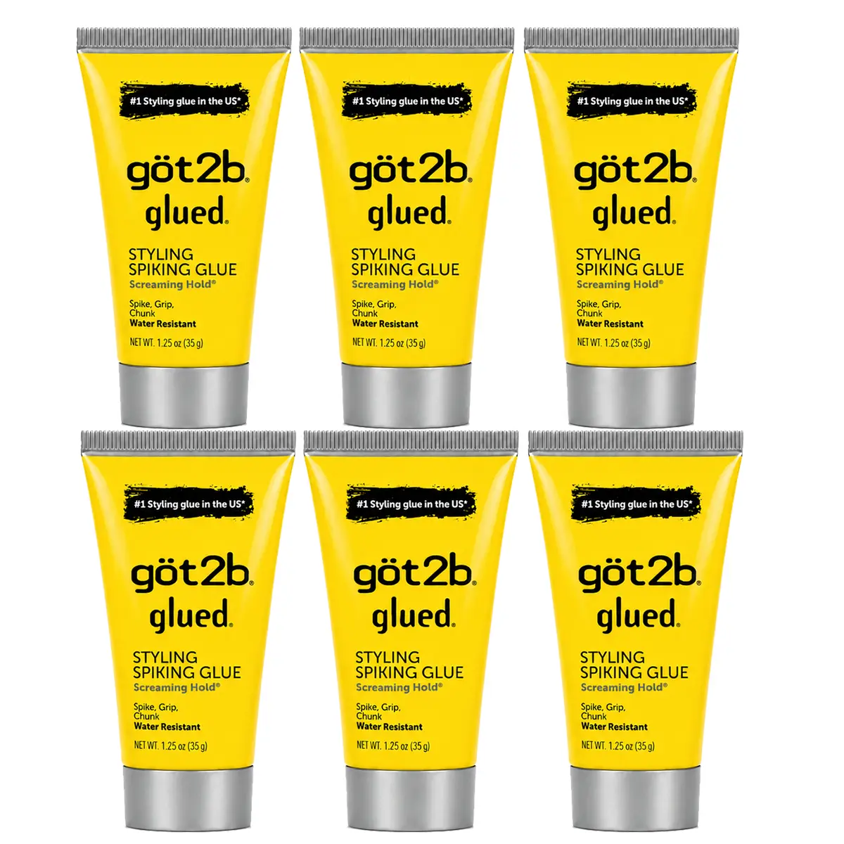 got2b Glued Water-Resistant Spiking Gel 1.25oz (Pack of 6) Extra Strong Hold Hair Gel for Spikes & Textured Styles | Travel Size Styling Gel