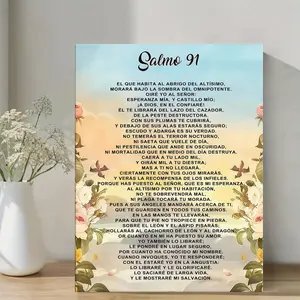 2D Flat, 1 Piece Psalm 91 Bilingual Spanish and English Retro Frame Canvas Wall Art, Print - Serene Flowers and Sky Design, Modern Classic Decorative Style, Ink Canvas, Home Office Cafe Decoration, Perfect Gift for Holidays and Birthda