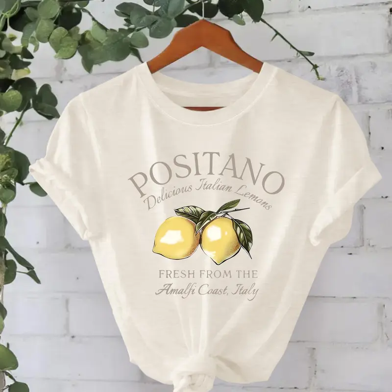 Women's Lemon Print Round Neck Tee, Casual Short Sleeve Crew Neck Fitted T-Shirt for Summer, Fashion Chic Women's Top for Daily Wear, Breathable Everyday Soft Fabric, Lady
