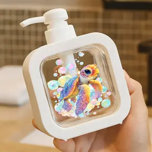 Creative Bathroom Dispenser with Hand Pump - Vibrant Cartoon Baby Sea Turtle, Colorful Shell & Pastel Bubble Design, Playful Whimsical Art, Ideal for Soap/Lotion