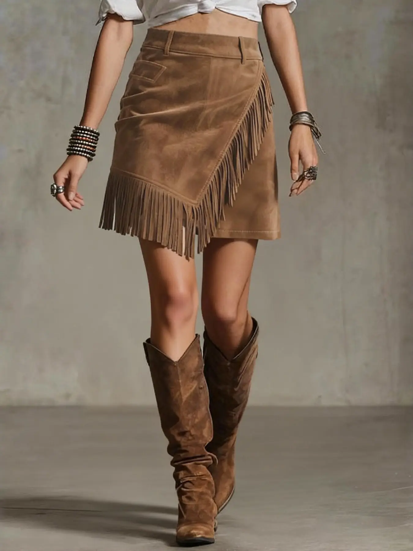 New Summer Retro Vintage Western Style Suede Asymmetric Fringe Skirt Bottom, Women's High-Waisted Midi Dress, Fashionable, Stylish and Chic Design Womenswear