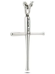 Men's Stainless Steel Baseball Bat Cross Necklace | Inscribed with Psalm 56:3 Bible Verse