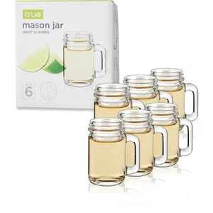 Reusable Mini Mason Jar shaped shot glasses with Handles, Party shot cups, Set of 6, 1 oz