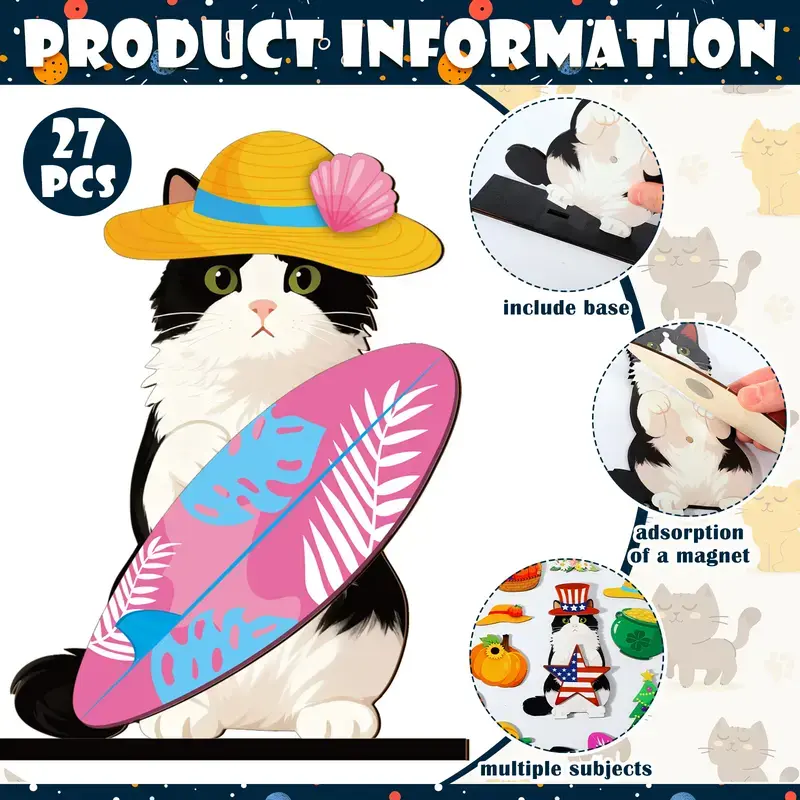 Cute Animals Sign Gift Cat Wooden Sign Desk Decor - Interchangeable Ornaments with Magnet Detachable Hats, for Summer Holiday Seasonal Birthday Party, Gift for Pet Owning Families and Animal Lovers