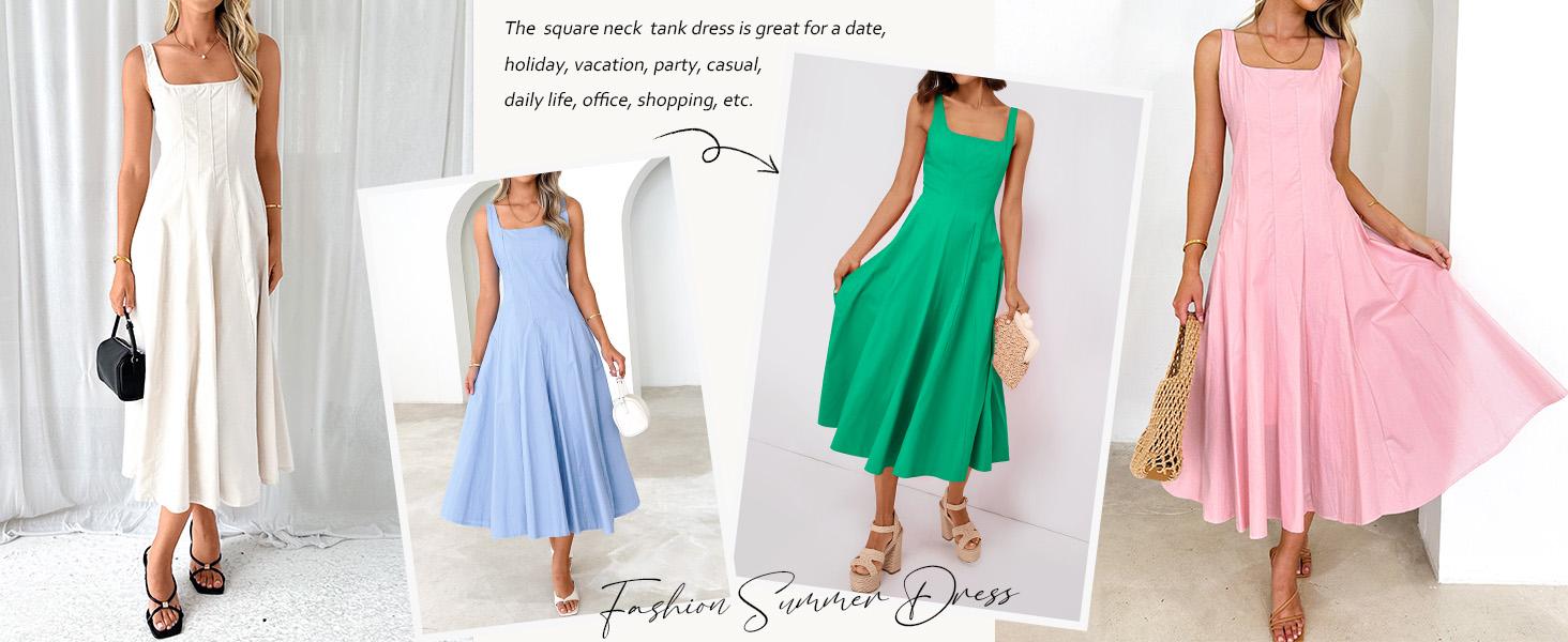 MEROKEETY Women's 2026 Summer Sleeveless Midi Dress Square Neck Smocked Flowy A Line Beach Dresses