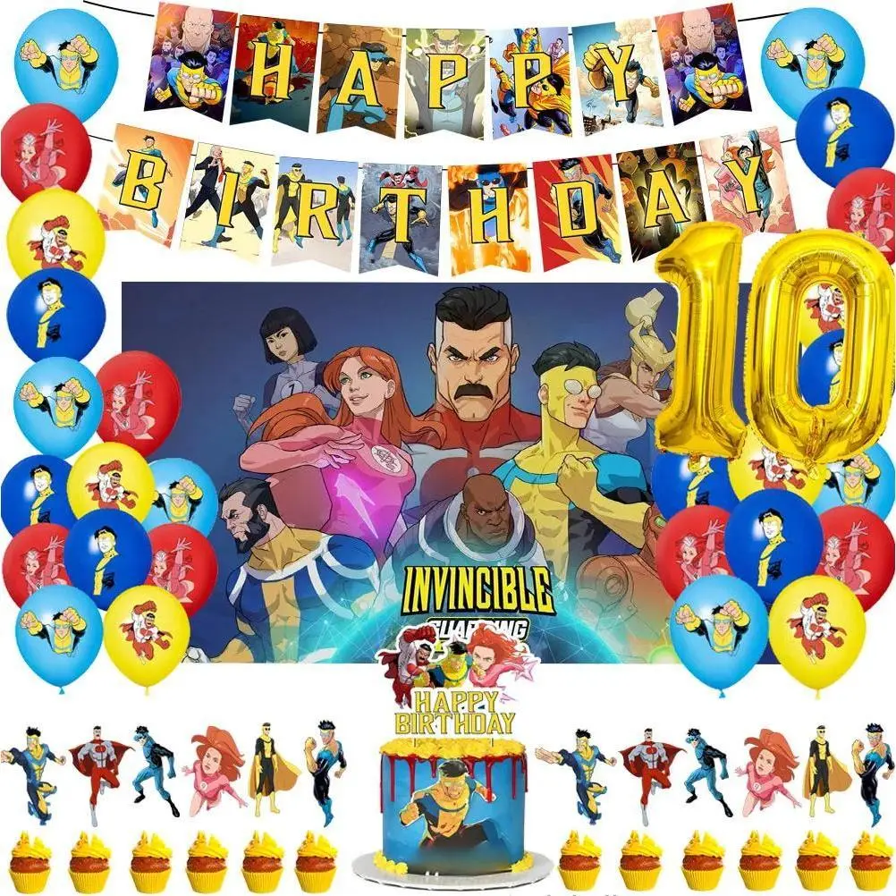 Invincibleds Theme Kids Birthday Party Number Balloon Banner Background Cake Topper Decoration Supplies Baby Shower Gifts