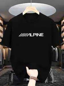 Men's Alpine Logo Print T-Shirt, Comfortable Slightly Elastic Round Neck Design, Casual Daily Wear & Outdoor Sports, Adult Leisure Clothing