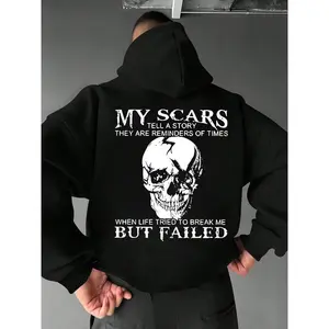New "My Scar" Letter Skull Pattern Hoodie, Trendy Brand Graphic Print Sweatshirt, Comfortable & Loose Fit for Spring, Autumn & Winter, Stylish Men's Hoodie for Casual Wear