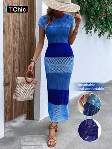 Spring Summer Elegant Knit Short Sleeve Round Neck Cut Out Long Dress, Casual Comfy Chic Striped Beach Vacation Dress, Fitted Style