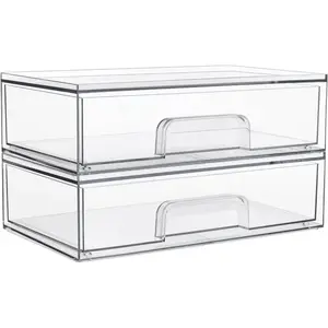Clear Stackable Storage Drawer, 2 Counts Acrylic Makeup Organizer, Desktop Organizer for Cosmetics, Makeup Palettes, Bathroom Supplies, Vanity, Racks, Clear Stackable Drawers