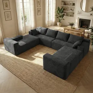 Modern style U-shaped combination sofa | Soft corduroy fabric,  suitable for the living room, modular floor sofa that saves space, , convertible into a combination sofa bed. b couch viral black color fluffy furniture