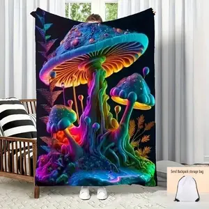 1Pc Vibrant Mushroom Print Flannel Blanket - Soft, Lightweight, And Durable Polyester Knit Fabric With Colorful Fungi Design, Perfect For Sofa, Bed, Travel, And Camping |   Includes 13.5"X16.5" Backpack Storage Bag |   Machine Washable, Camping Accessory