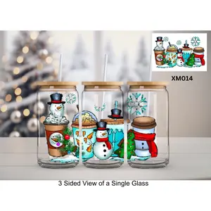 “Snowman Cups” UVDTF Wrap on 20oz Can-Shaped Glass with Bamboo Lid and Glass Straw [XM014]