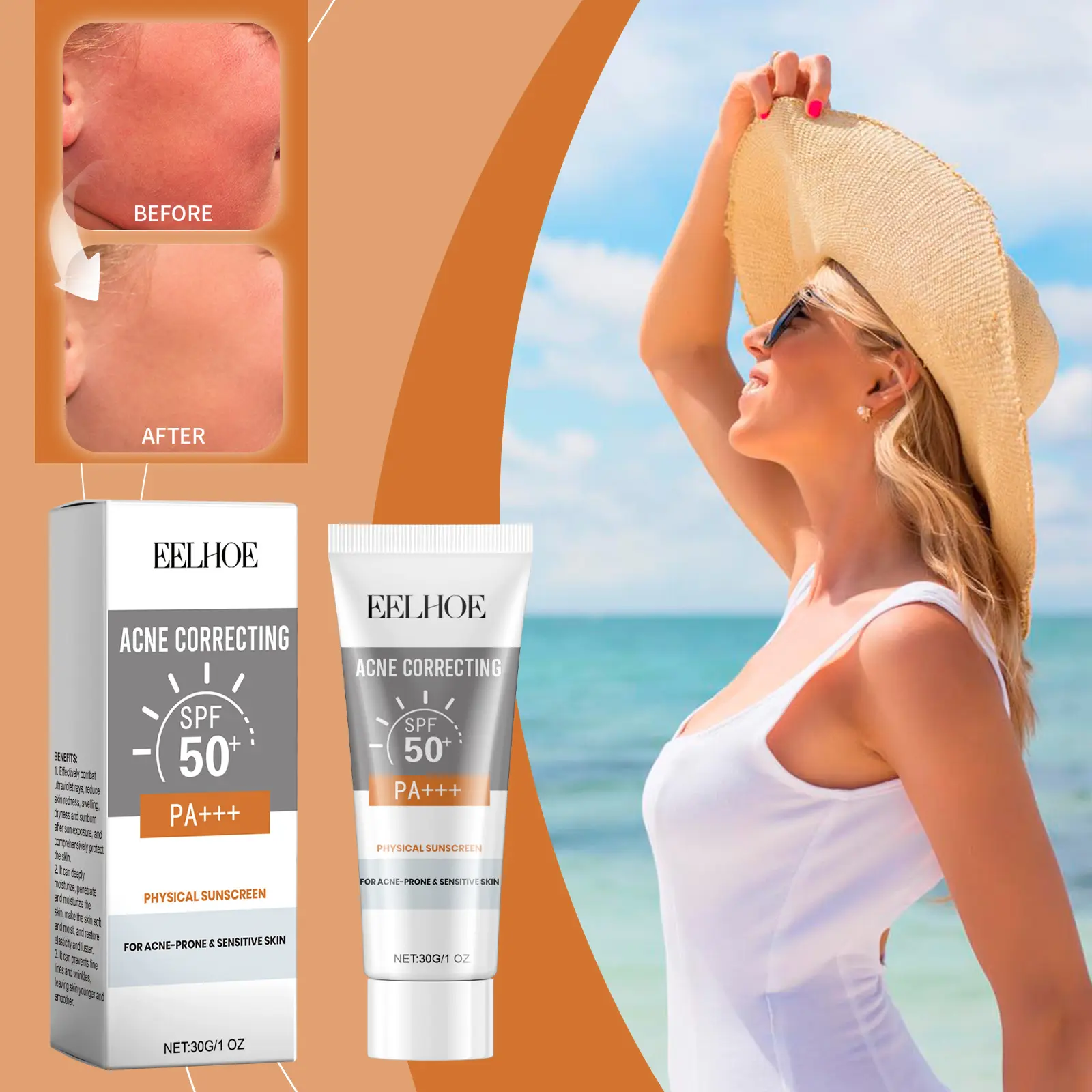 (Buy 1 Get 1 Free) EELHOE Facial Sunscreen SPF 50+, Mild Hydrating UV Protection Daily Moisturizer with Titanium & Glycerin, Lightweight Makeup-Friendly Skincare to Prevent Sunburn & Tanning