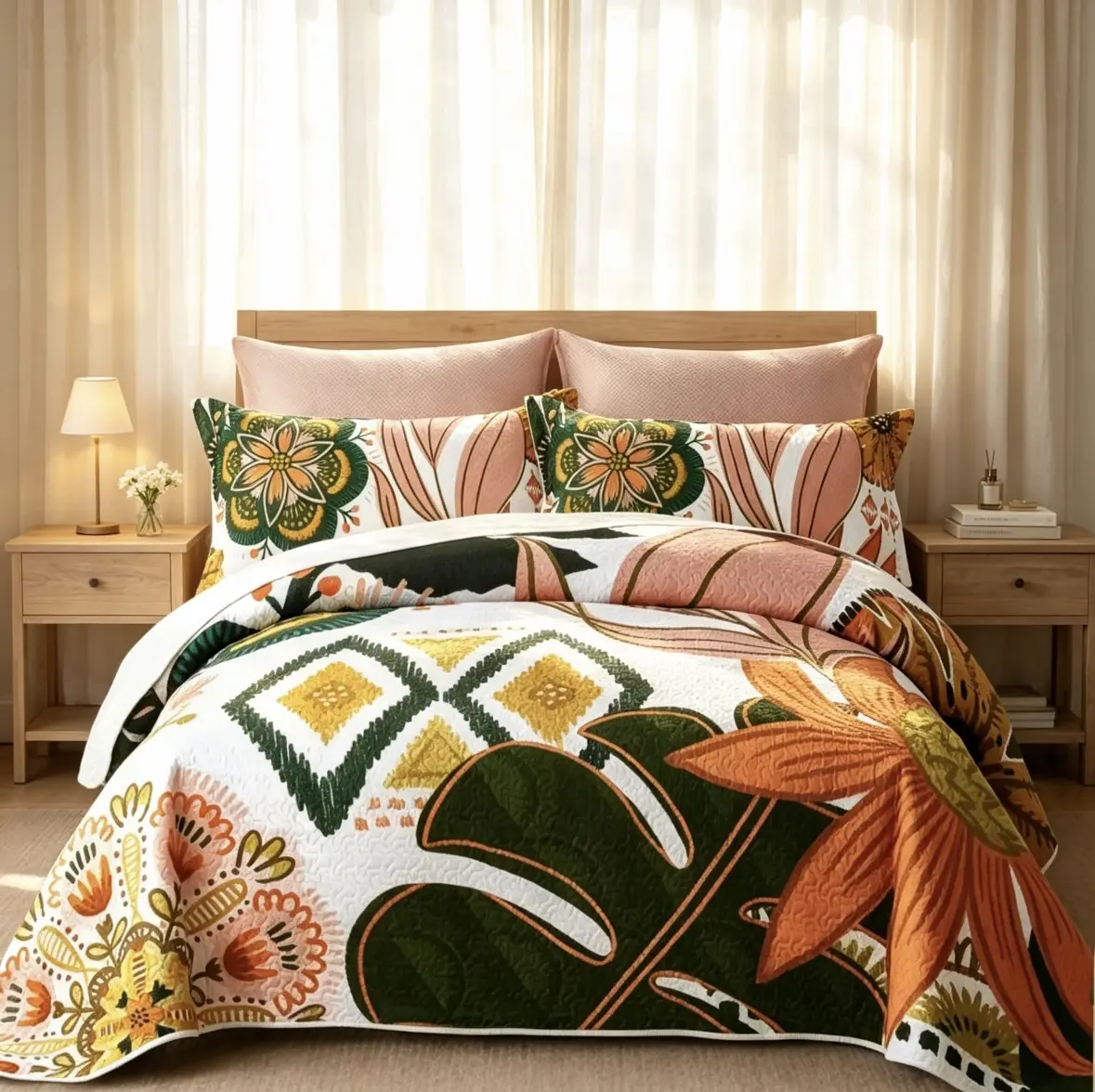 Boho-Floral Quilted Thin Quilt Set with 2 Pillow Shams, Farmhouse Mid-Century Leaf-Print Reversible Lightweight Coverlet, Upgraded Soft Skin-Friendly Fade-Resistant All-Season Bedding Home Decor,back to school,back to school shopping