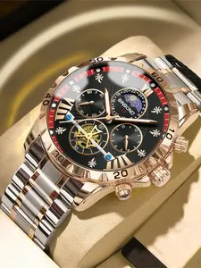 Men's Business Fashion Round Dial Analog Quartz Stainless Steel Watch, Fashion 30M Waterproof Luminous Wristwatch with Calendar Function, Trendy All-match & Exquisite Watch for Birthday Gift with Box