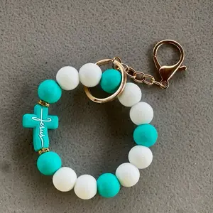 Jesus Beaded Wristlet Keychain - Soft Touch Silicone Beads in Trendy Blue & White - Durable Non-Toxic Design - Secure Metal Keyring & Clasp - Lightweight & Flexible - Perfect Gift