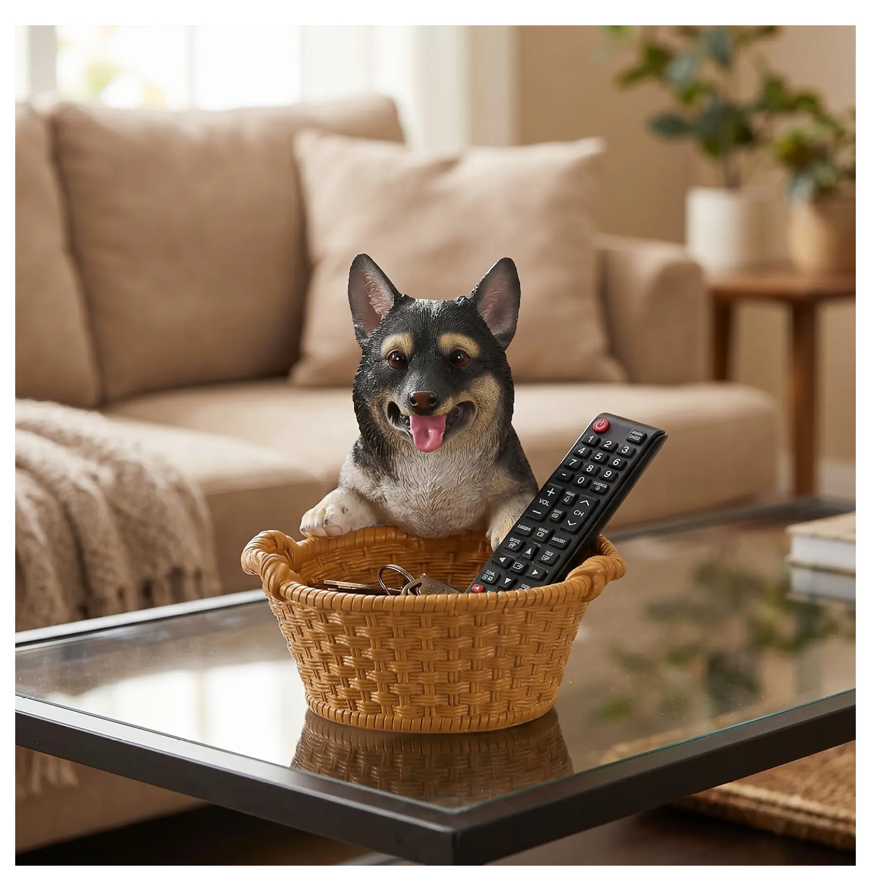 Polyresin Round Shiba Inu Statue with Basket - 4 Inches Width Black & Tan Puppy Figurine Key Holder, 1.2 lbs 3D Cute Animal Home Decor, Desktop Collectible, Pet Owner Gift (Black+Orange), Cute Collectibles