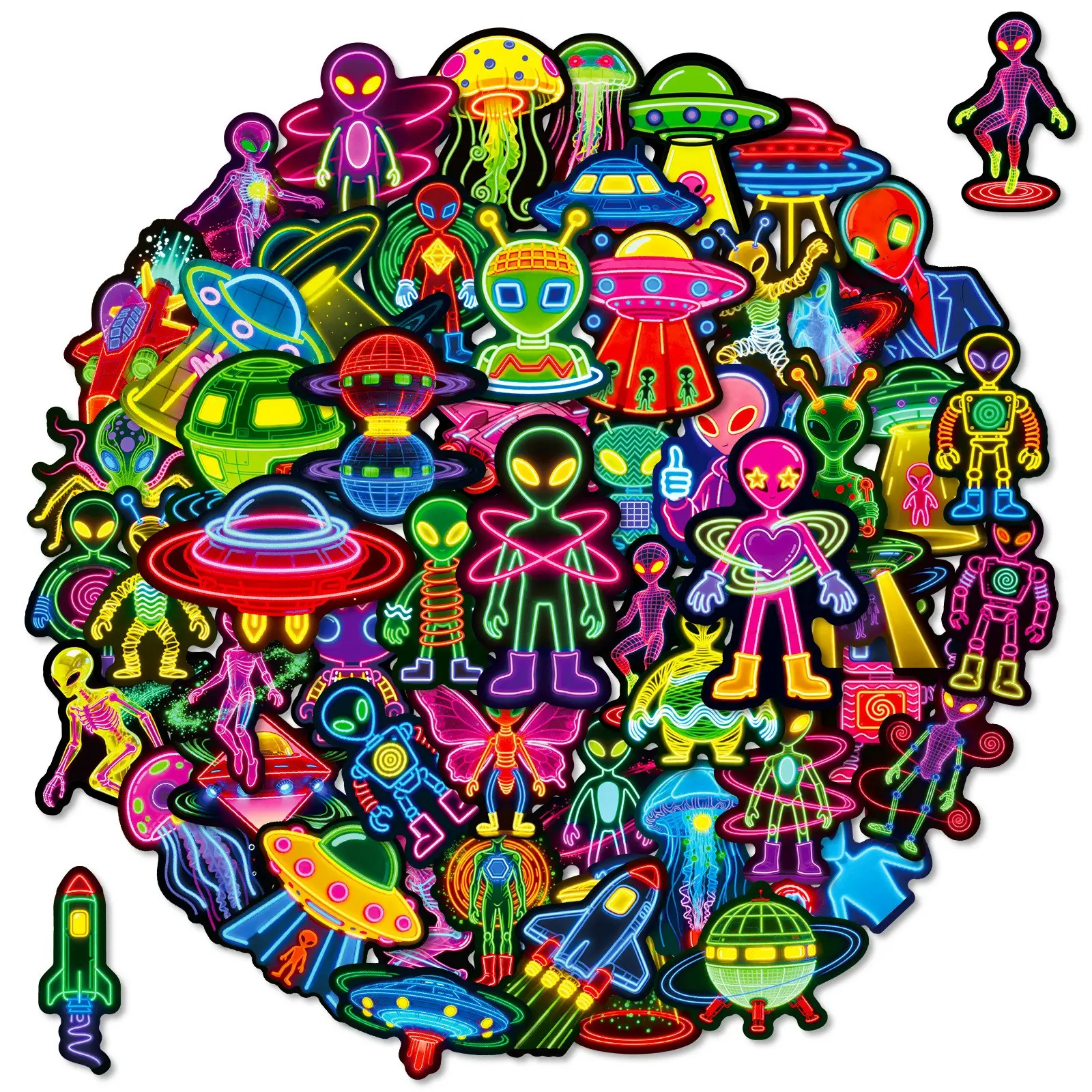 Alien Stickers 56 Pcs Neon Space Sticker Pack, Sticker Set, Decal Sticker, Fun Stickers, Neon Space Design, Reward & Prizes for Kids Classroom, Waterproof Vinyl Stickers, Versatile Use, for Water Bottles, Scrapbook, Journal, Skateboard, Cup, Laptop etc