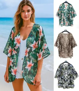 Women's Floral Print Puff-Sleeve Kimono Cardigan, Loose Casual Cover-Up Blouse Top 2026