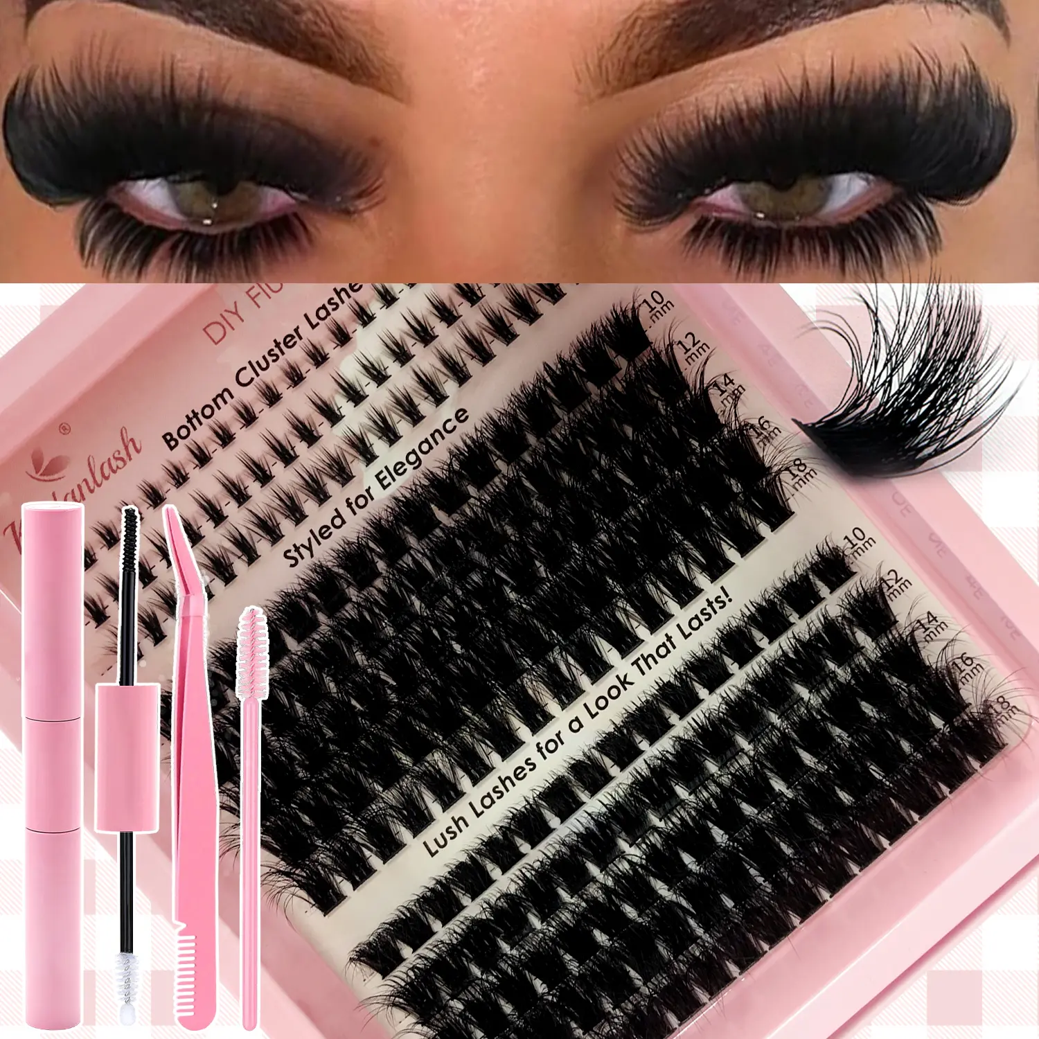 Lash Cluster Kit 5D Eyelash Clusters 10-18mm Eyelash Extensions Kit 60D/80D/100D/120D DIY D Curl Fluffy Wispy Lashes with Lower Lash Clusters(5MM/6MM/7MM Bottom Lashes) with Bond and Seal Eyelash Glue and Tweezers Makeup Cosmetic, Pestañas Kit Completo