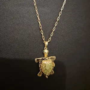 Paper Clip Chain with Turtle Pendant - Gold Plated Necklace for Women