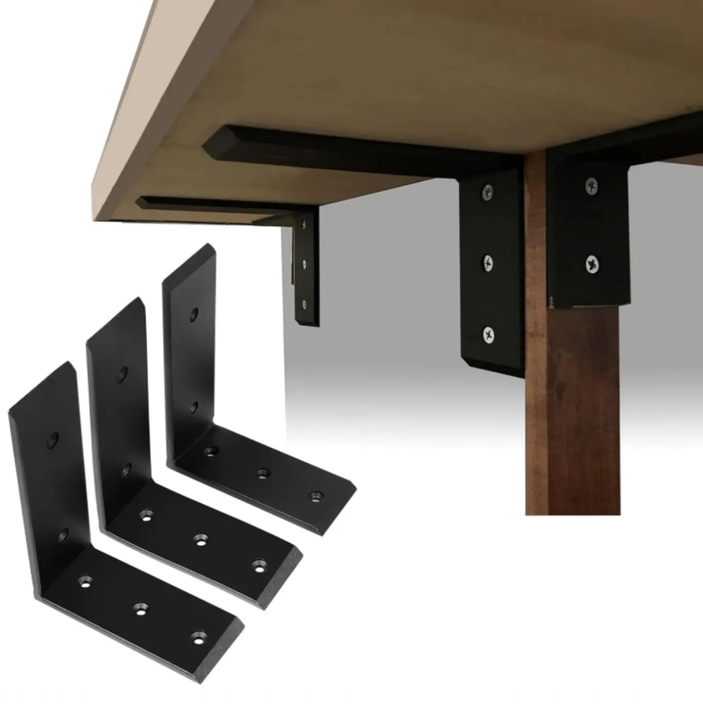 3Pcs Heavy Duty Black Steel L-Shape Countertop Support Brackets (6in L x 8in H x 2.5in W), 500LBS Capacity, for Table/Bar Tops, Magnetic Cabinet Compatible
