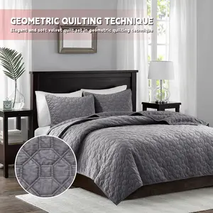 Harper Quilt Set Velvet Casual Geometric Stitching Design All Season, Lightweight Coverlet, Cozy Bedding, Matching Shams, Full/Queen(90"x90"),  3 Piece