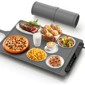 Food Warming Mat Electric Tray: Adjustable Silicone Heating Pad with 3 Temperature Settings 4 Timer Function Portable Roll Up Hot Plate for Buffets Party Gatherings Kitchen Countertop Black Gray : Home & Kitchen