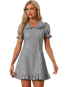 INSPIRE CHIC Gingham Checks Ruffled Peter Pan Collar Mini Dress