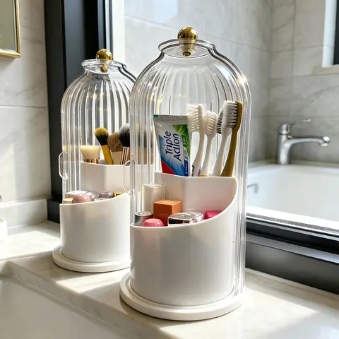 Toothbrush Holder with Sliding Lid – 3-Slot Dustproof Bathroom Organizer for Electric Toothbrush, Toothpaste & Makeup Brushes, 360 Rotating White Countertop Vanity Storage, Modern Bathroom Decor, Valentine & Holiday Gift