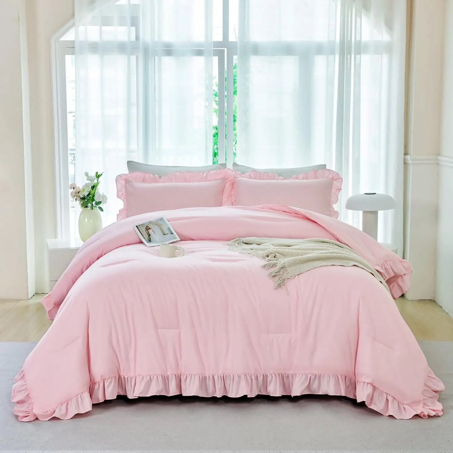 Girls Comforter Sets Full Size 5 count Shabby Chic Ruffle  Bed in A Bag with Sheets Farmhouse Soft Fluffy Bedding Comforter Sets with Pillowcases( Full)