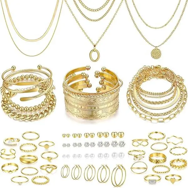 68 Pcs Gold Jewelry Set for Women with 7 Necklace, 17 Bracelet, 5 Hoop Earrings, 15 Stud Earrings, 24 Knuckle Rings for Women Jewelry Set for Women Gift