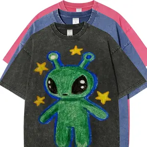 Womens Oversized Alien Graphic Print Crew Neck Summer Short Sleeve Loose Fit Tshirt