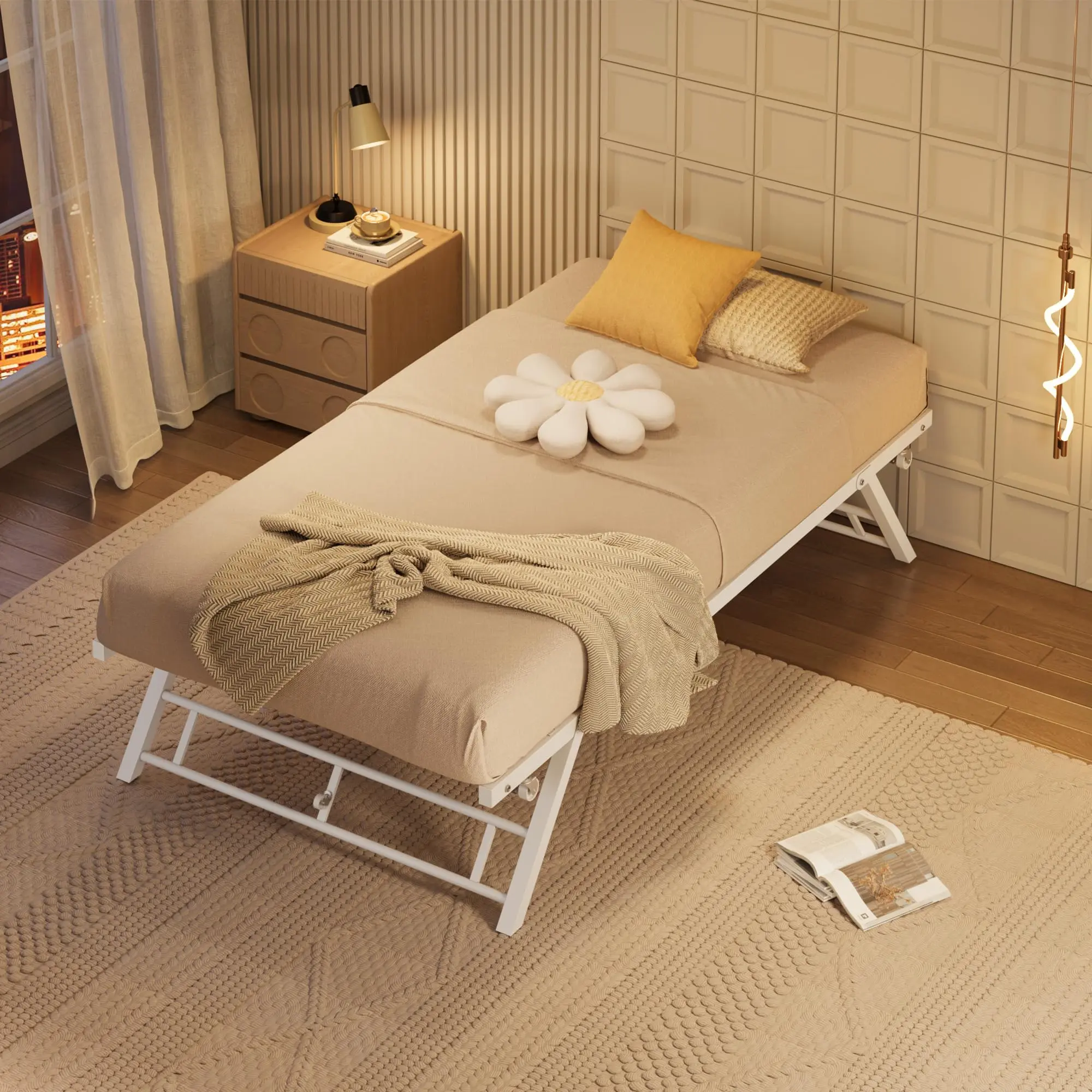 Twin Size Daybed, Elevated Pop-Up Trundle, Heavy-Duty Metal Frame, Slat Support, Lockable Casters, Multi-Room Use, Bronze Finish