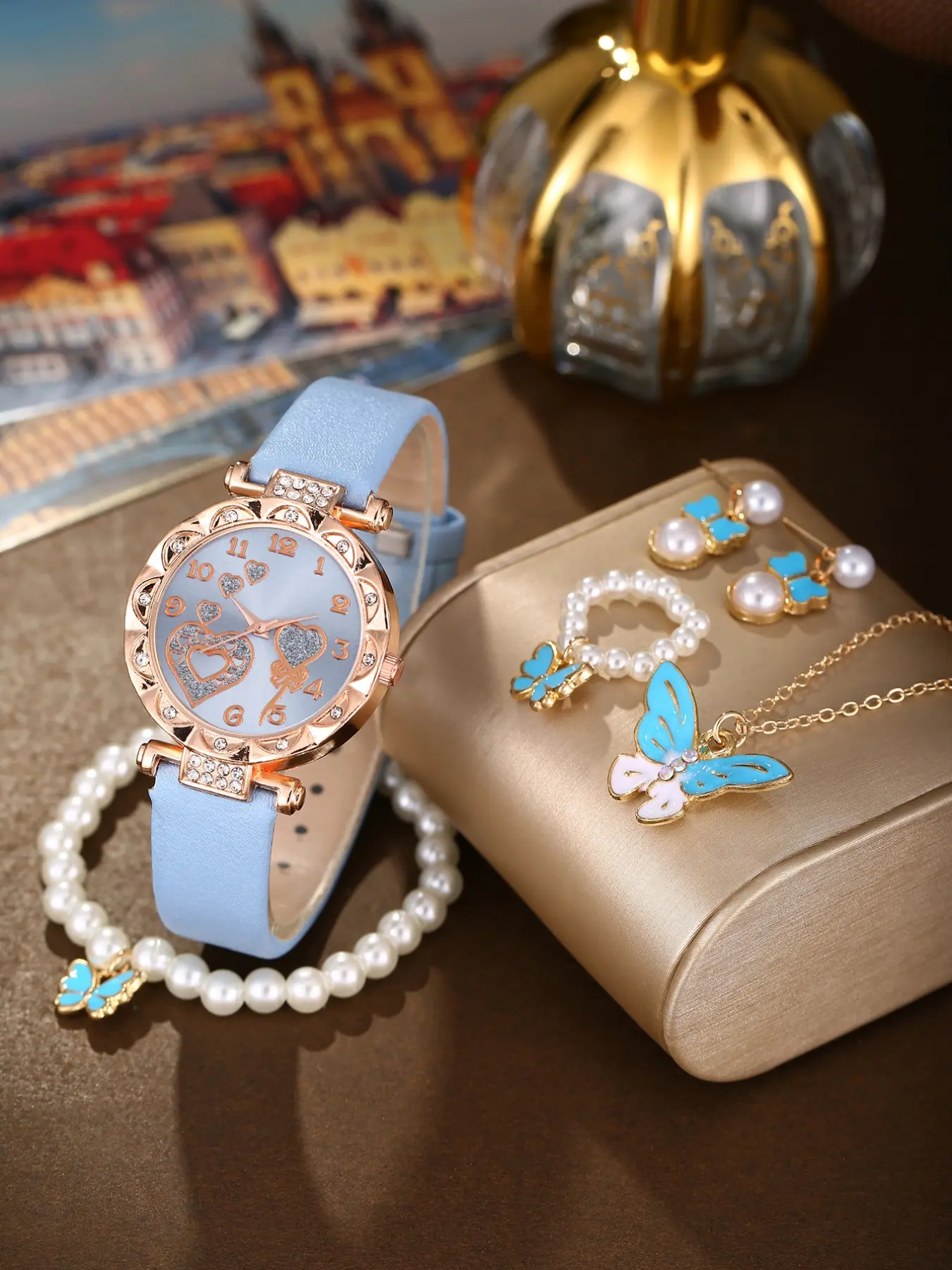 Mother's Day Gift 6-Piece Elegant Quartz Watch Set with Bracelet Necklace Ring Earrings, Perfect Gift for Birthdays Christmas Back-To-School Season, Jewelry Watch Set