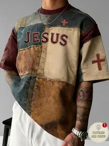 Unisex Jesus Faith Vintage Patchwork Print Loose T-Shirt, Casual Streetwear Christian Cross Design, Short Sleeve Knit Top