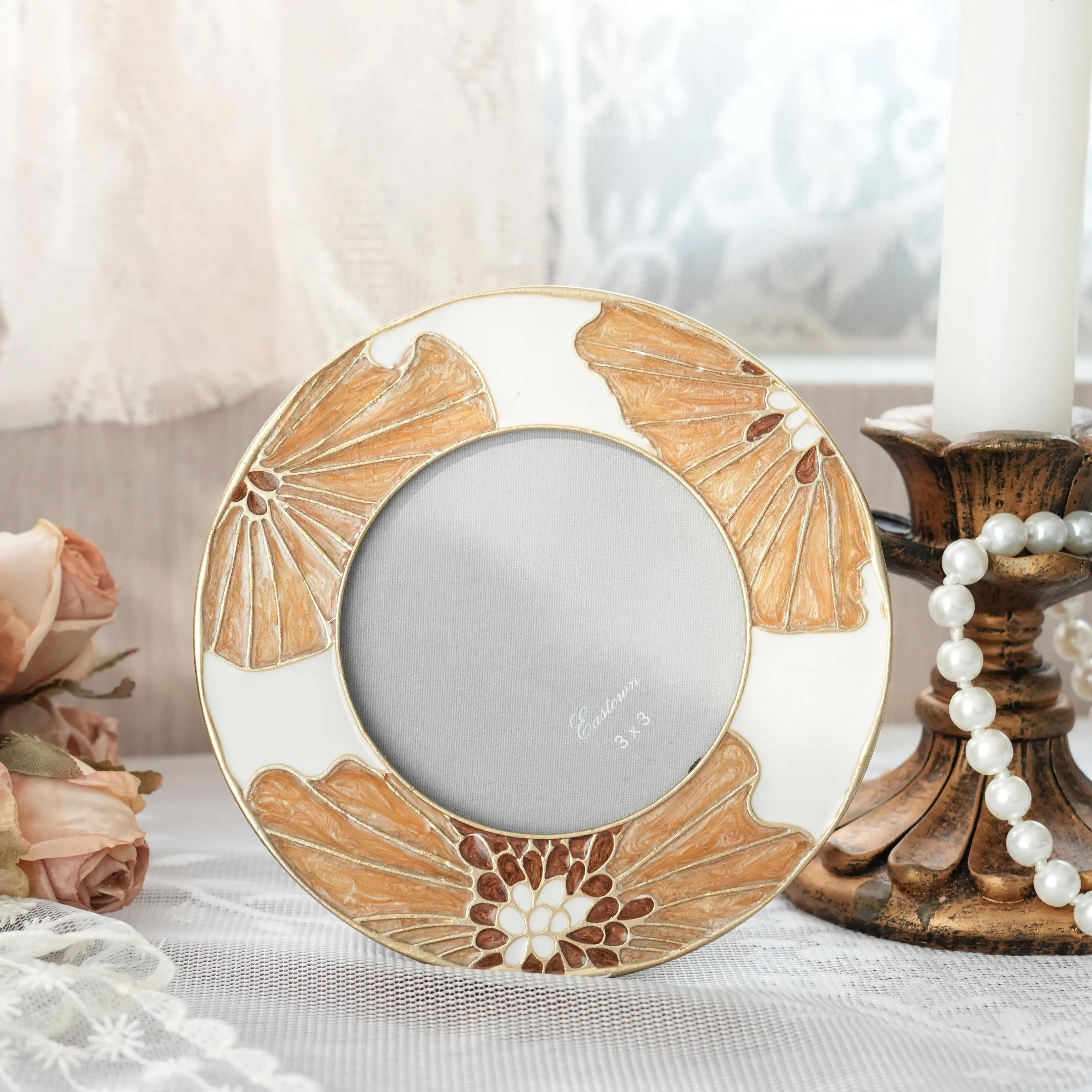 4.7"D Round Oval Desktop Picture Frame with Floral Decor for 3" X 3" Photo - Elegant Design for Home Decor