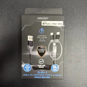 PowerXcel 3-in-1 USB-A to Lightning, Type-C & Micro Fast Charge Cable Up to 12Watts for iPhone, iPad, iPod
