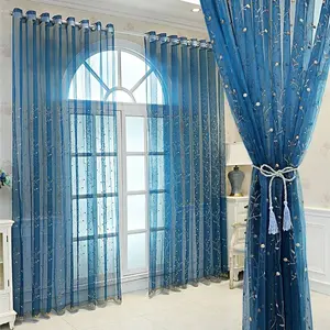 1pc European Style Blue Embroidered Sheer Curtain, Home Decoration Curtain, Bedroom Living Room Balcony Drapes, Casual Decorative Window Treatment