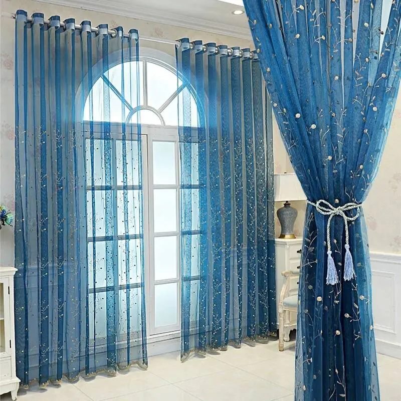 1pc European Style Blue Embroidered Sheer Curtain For Windows, Home Decoration Curtain, Bedroom Living Room Balcony Drapes, Casual Decorative Window Treatment