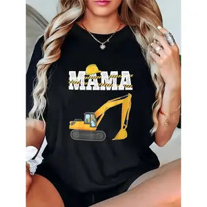 Women's MAMA Excavator & Hard Hat Construction Graphic T-Shirt - Mother's Day Casual Top for Construction Moms, Perfect for Daily Wear & Family Events 100% Cotton T-shirt
